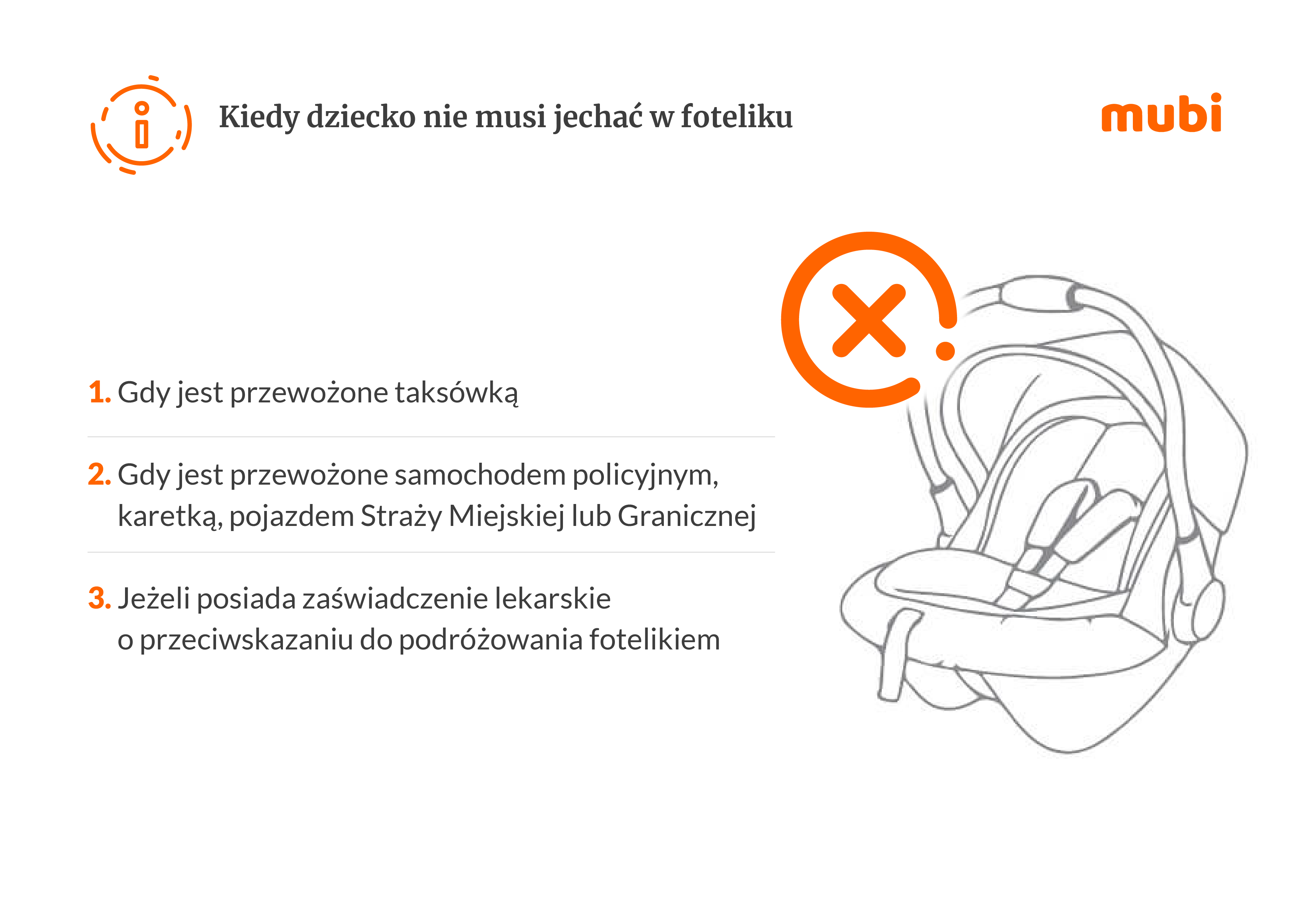 Kiedy dziecko może jechać bez fotelika: W taksówce, w pojeździe uprzywilejowanym (np. policja, karetka), lub gdy posiada zaświadczenie lekarskie. Źródło: Mubi.